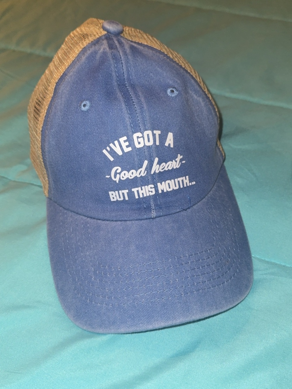 Unbranded Blue & Tan Mesh Trucker Hat - "I've Got A Good Heart"